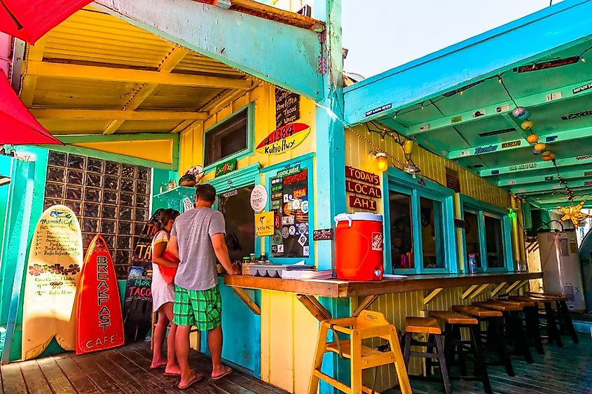 Day view of picturesque Mermaids Cafe on August 28, 2013 in Kapaa, Kauai, HI, USA .Mermaids Cafe is on Kuhio Hwy in Kapaa town and is very popular among locals.