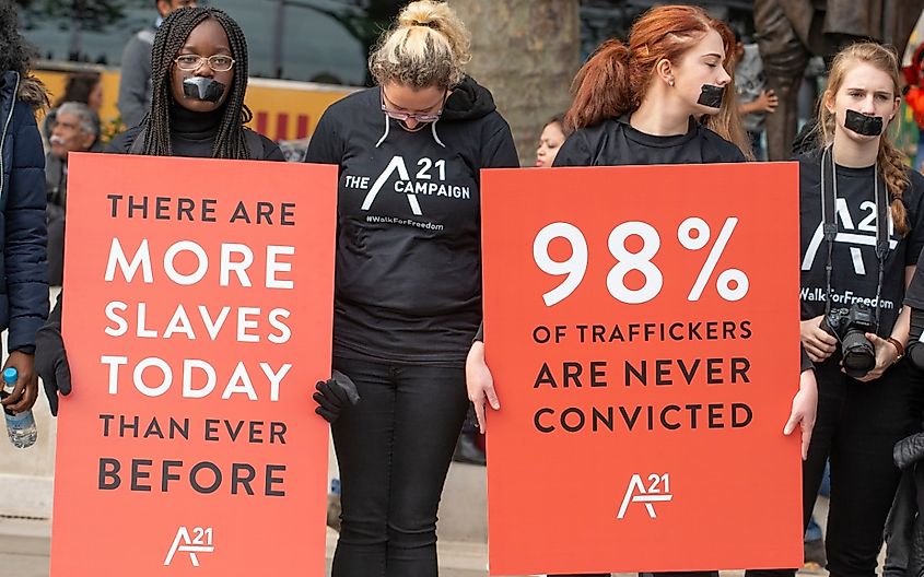 The A21 Campaign protest rally In central London, a global event to raise awareness and funds, for the fight against human trafficking and modern day slavery.