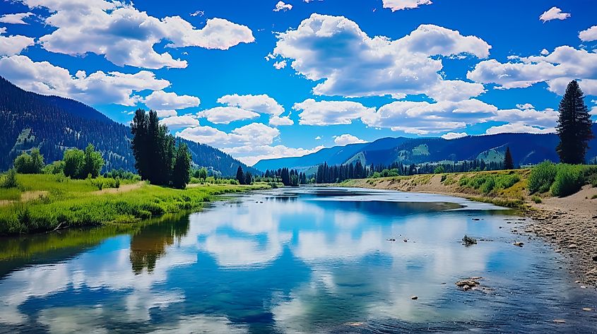 Summer landscape of the Kootenai River in Bonners Ferry, Idaho.