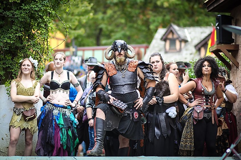 Crownsville, MD - October 14, 2017: A man dressed in medieval attire at the Maryland Renaissance Festival, an annual event representing a fictional 16th-century English village named Revel Grove.