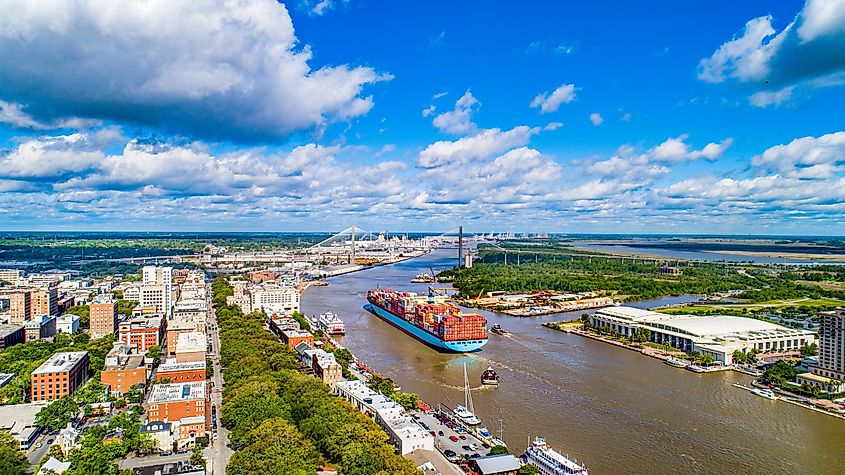 Downtown Savannah and the Savannah river in Georgia