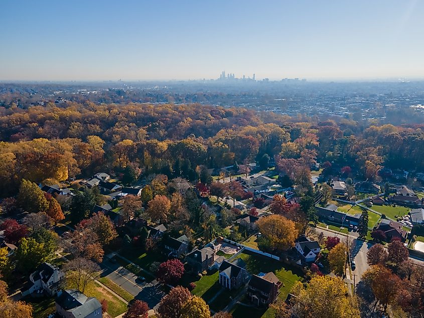Aerial landscape of suburban multifamily homes in suburban Ardmore Philadelphia Pennsylvania USA