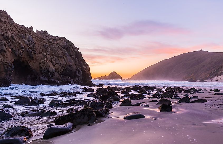 Sunset at Julia Pfeiffer Beach at Julia Pfeiffer Burns State Park, California.