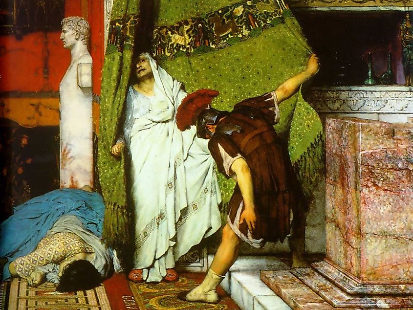 Claudius receives the hommage as the new emperor after the killing of his predecessor. Detail from the painting A Roman Emperor 41CE by Lawrence Alma-Tadema