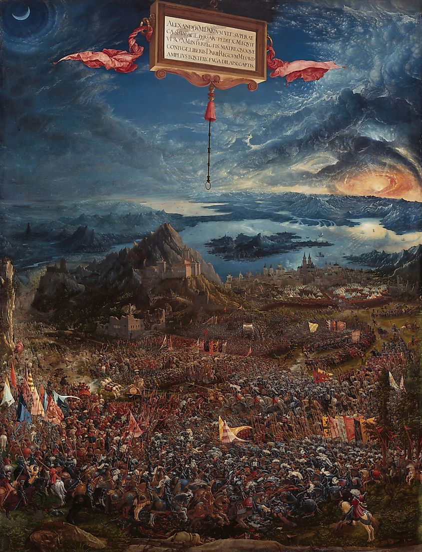 A scene from the Battle of Issus depicting the strategic location of the battlesite.