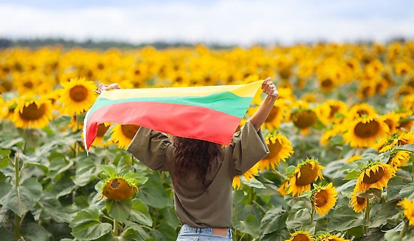 Woman holding flag of Lithuania in a sunflowers field.
