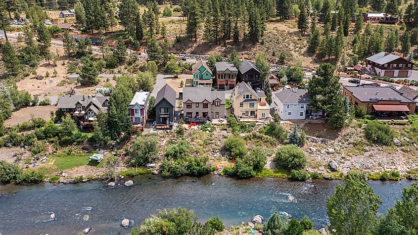 Aerial shot of the town of Truckee, California.
