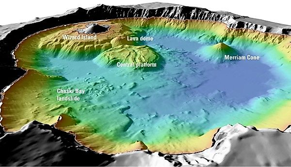 Details of features beneath the surface of Crater Lake constructed using data from the 2000 bathymetry survey. (U.S. Geological Survey, Public domain, via Wikimedia Commons)