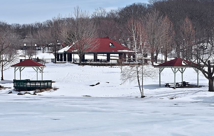 Scenic snowy view of Green Hill Park in Worcester, Massachusetts