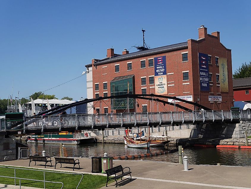 The Canalside district is an example of urban revitalization that includes outdoor sports and a naval museum in Buffalo, New York.