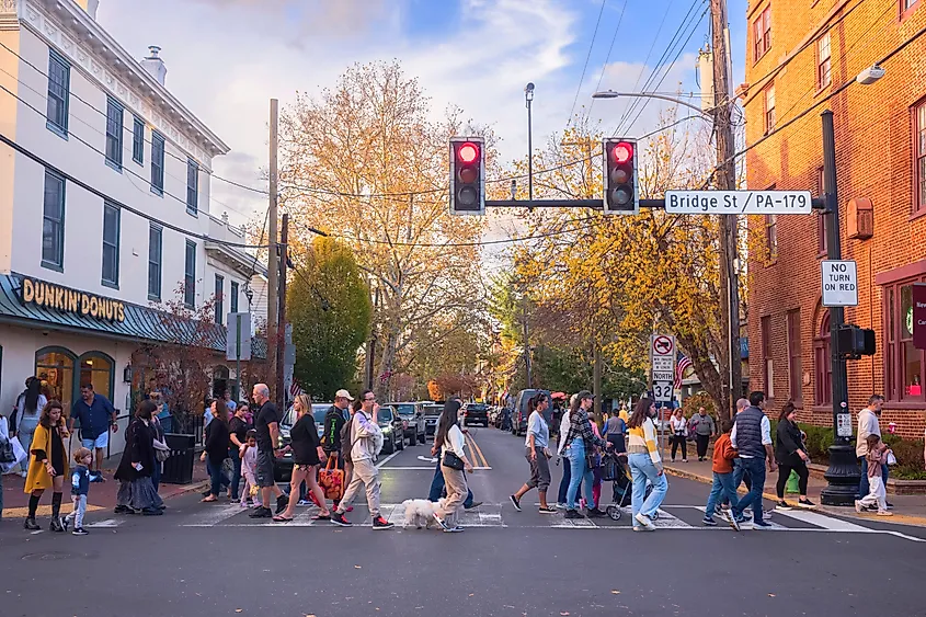 Pedestrians cross Main Street in New Hope, Pennsylvania