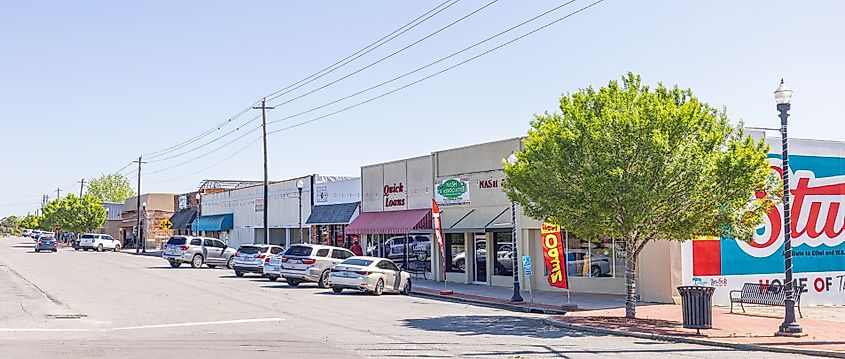 Old business district on Main Street in Eastman, Georgia, with historic storefronts and small-town charm