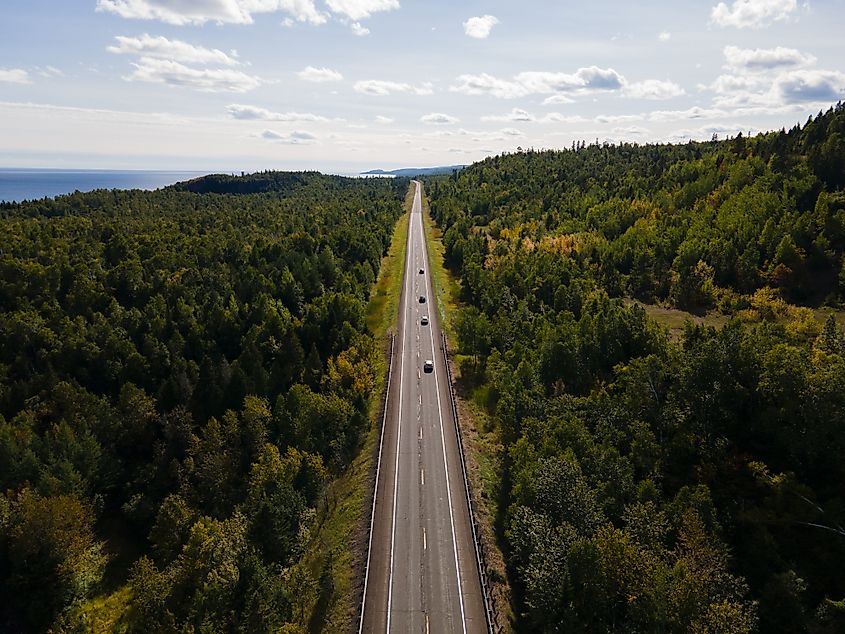 Aerial view of Highway 1 on Minnesota's North Shore. Via Shutterstock / Alejandro Diaz Manrique