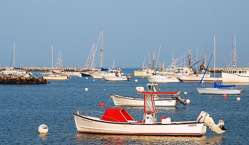 Fishing boats and pleasure craft are moored in the harbor of Rye, New Hampshire