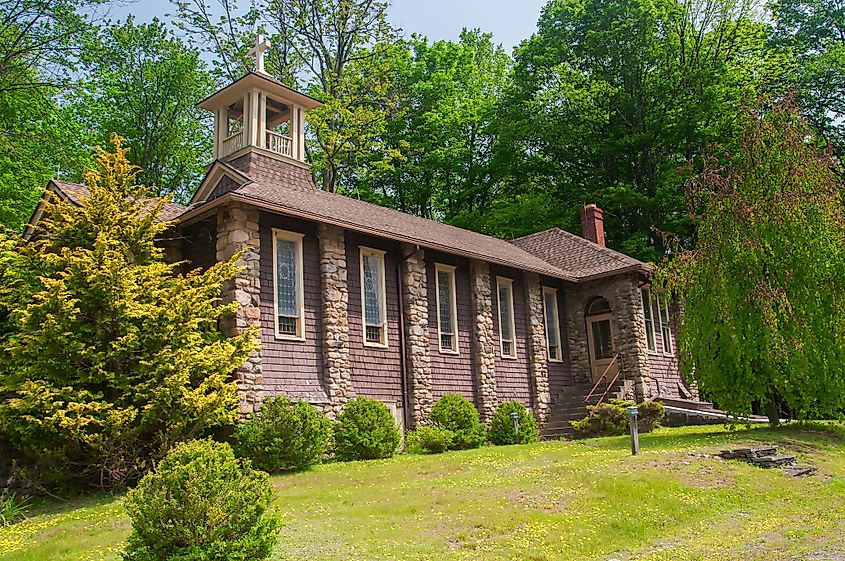Side view of a stone church in rural Tobyhanna, Pennsylvania