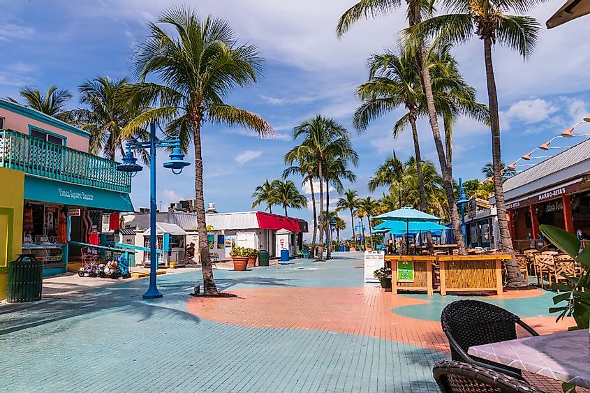 Times Square in Fort Myers Beach, considered the heart of Estero Island's downtown with shops, restaurants and the Fort Myers Beach Pier.