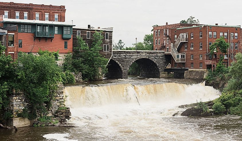 Middlebury Falls, and downtown buildings in Middlebury, Vermont