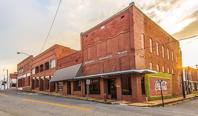 Town square of Marshall, Arkansas, at sunrise