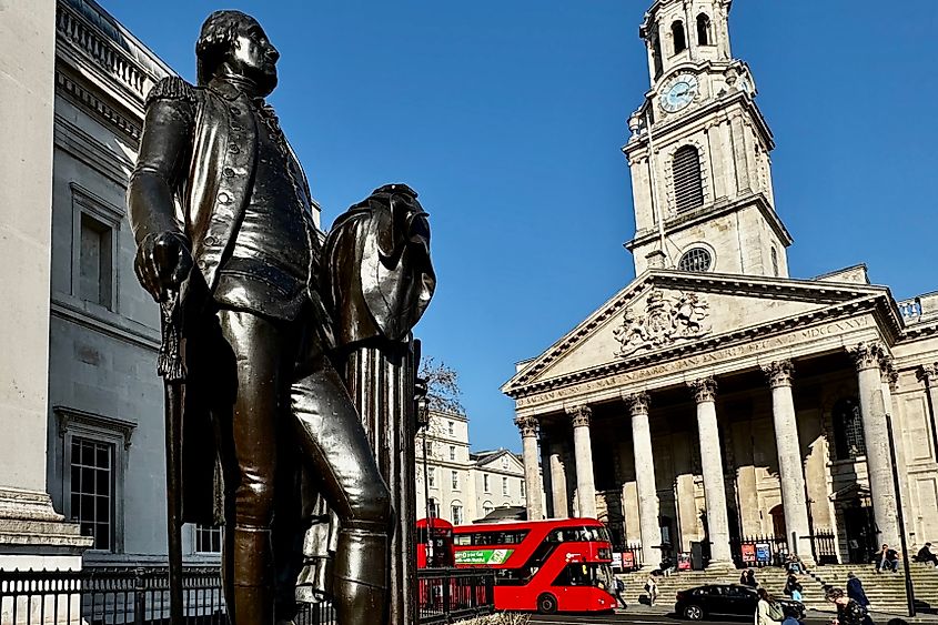George Washington statue overlooking St MArtins in the Field London Image credit Bryan Dearsley