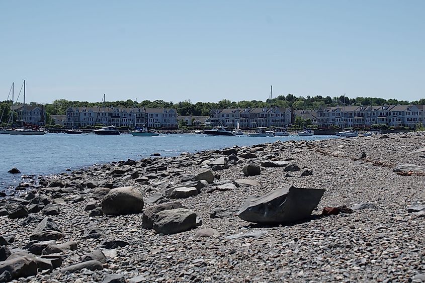 View of a rocky beach at Webb Memorial State Park in Weymouth, Massachusetts