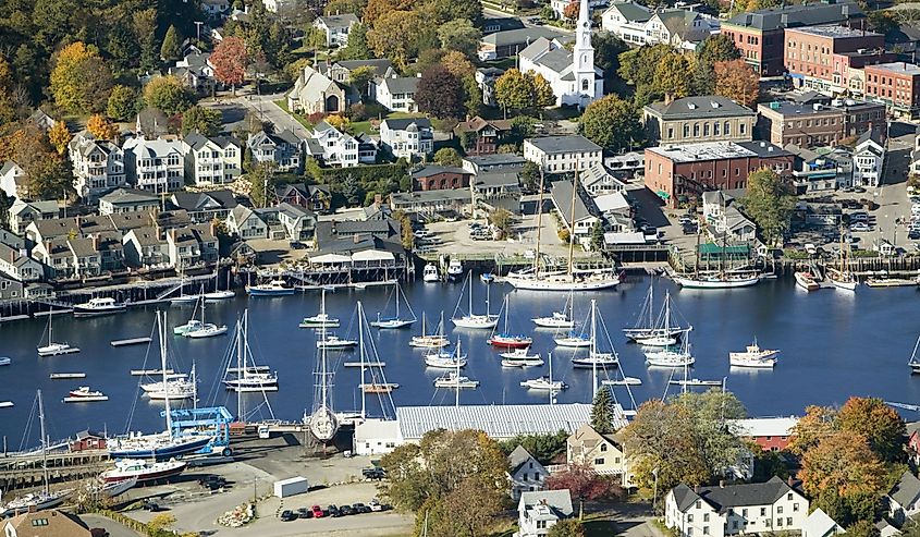 Aerial view of Bar Harbor in autumn, Maine
