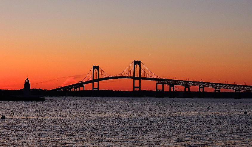 The cCaiborne Pell Newport bridge from Jamestown to Newport, Rhode Island, over Narragansett bay, with a spectacular sunset