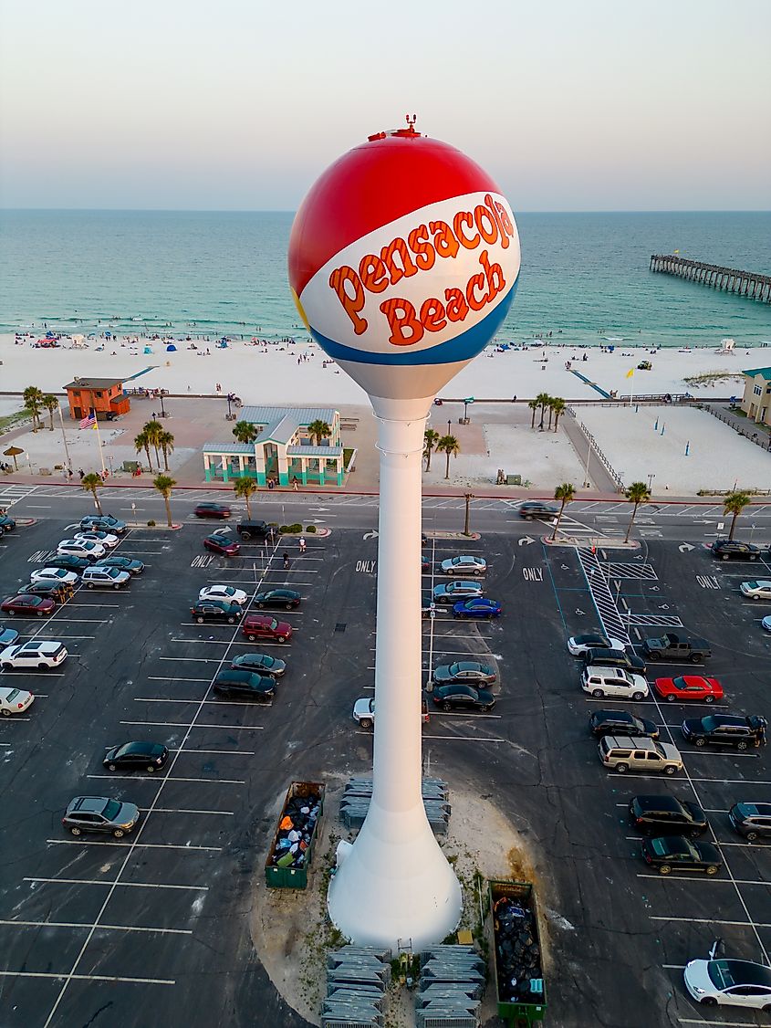 Pensacola Beach, FL, USA - July 21, 2023: Vertical aerial photo Pensacola Beach water tower