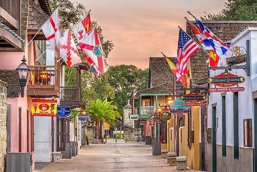 Shops and inns line St. George. Once the main street, it is still considered the heart of St. Augustine, Florida, via Sean Pavone / Shutterstock.com