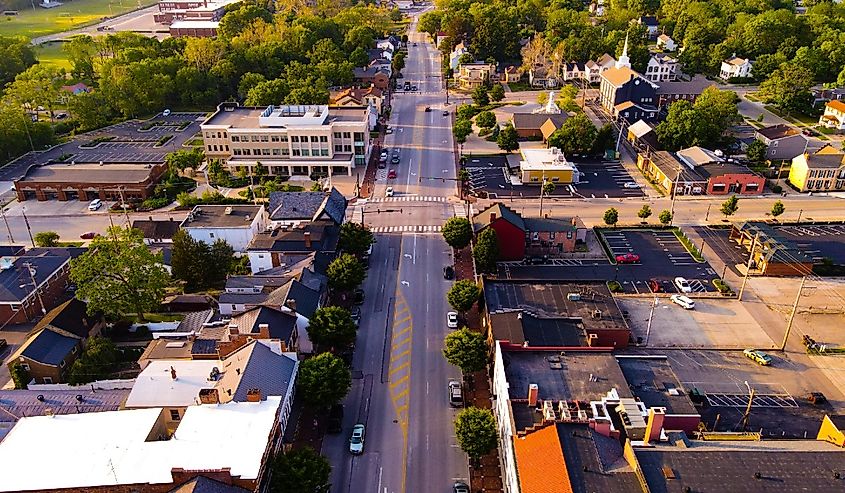 Aerial view of the main street in Lebanon, Ohio