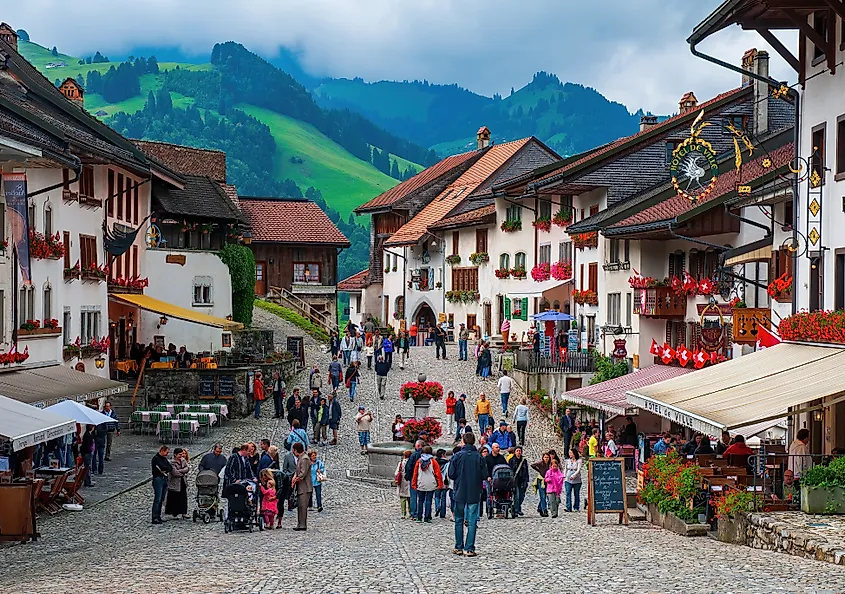 The market place in the centre of Gruyeres, Switzerland.