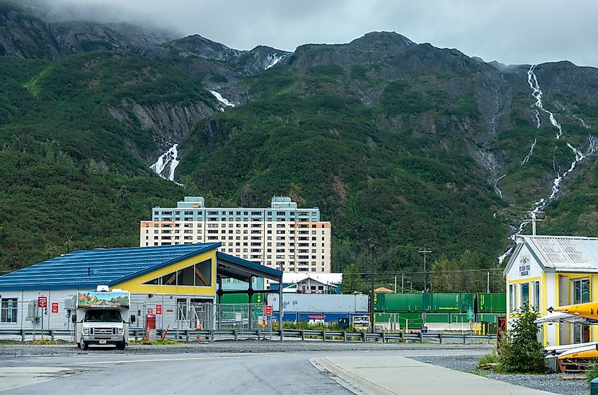 The Begich Towers in the distance in Whittier, Alaska