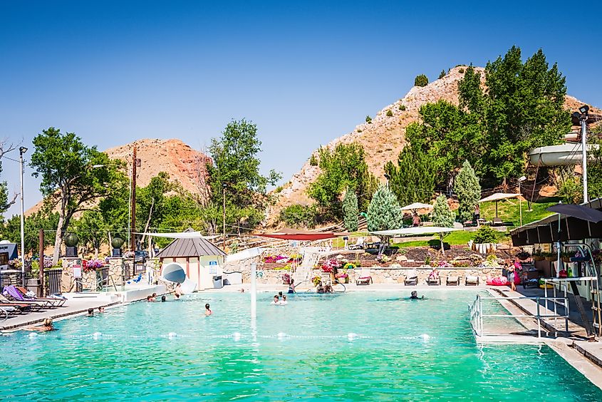 People swimming in the outdoor pool at Hot Springs State Park in Thermopolis, Wyoming