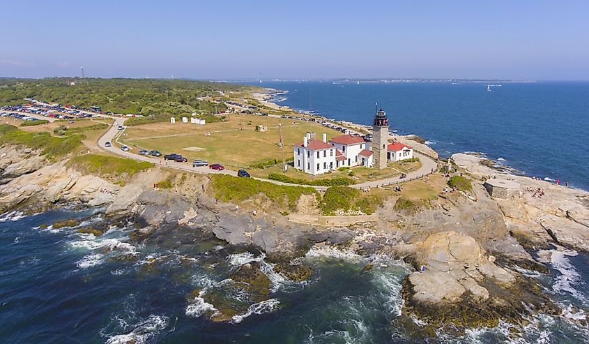 Beavertail Lighthouse in Beavertail State Park aerial view in summer, Jamestown, Rhode Island RI, USA.