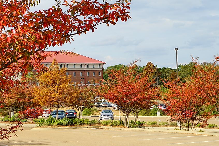 University of Mississippi campus building in Oxford, Mississippi with fall colors.