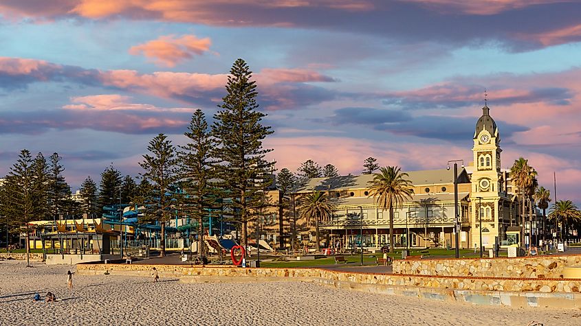 Glenelg old town hall at sunset.