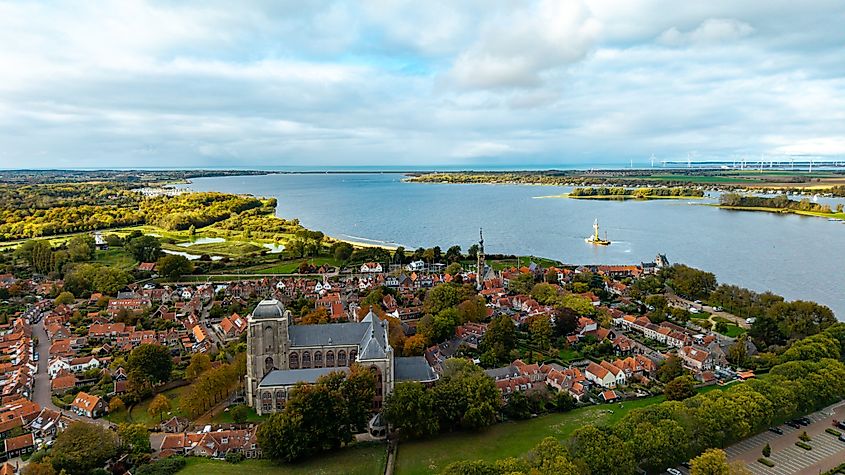 Aerial view of the historic town of Veere, the Netherlands.