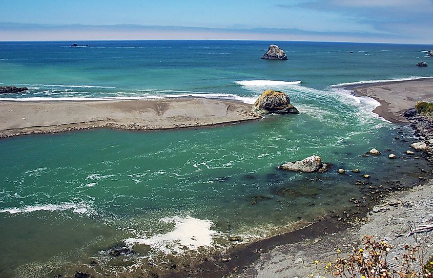 The Russian River emptying into the sea at Jenner, California.
