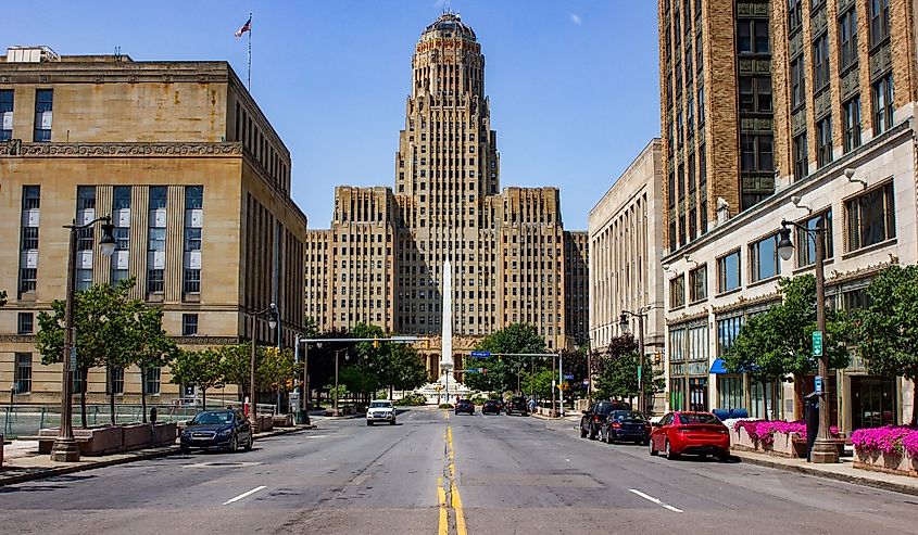 Buffalo City hall and Niagara Square ( State of New York) view from court Street during day time from the middle of the road.