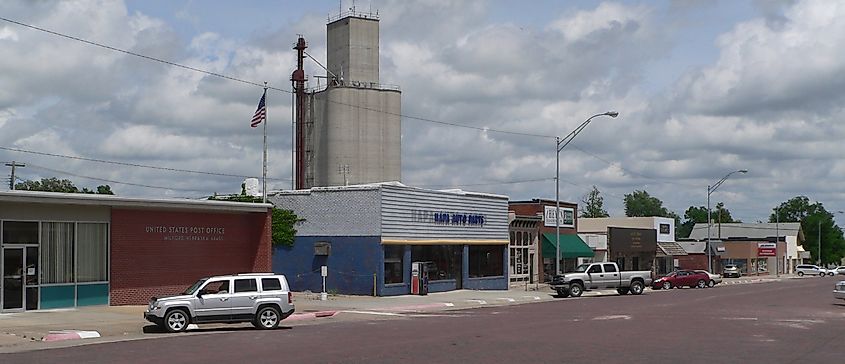 Downtown Milford, Nebraska: north side of First Street, looking northeast from about B Street.