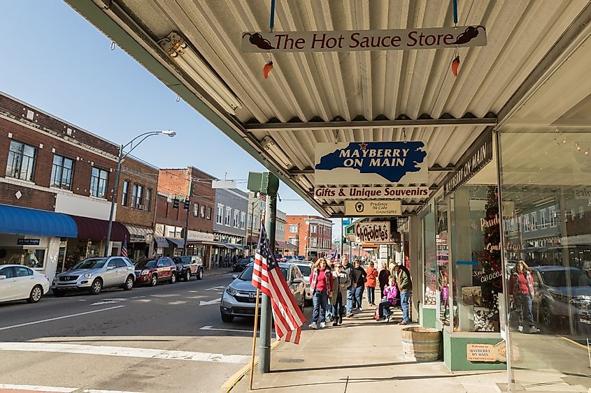 A group of tourists stroll down Main Street in Mount Airy, North Carolina.