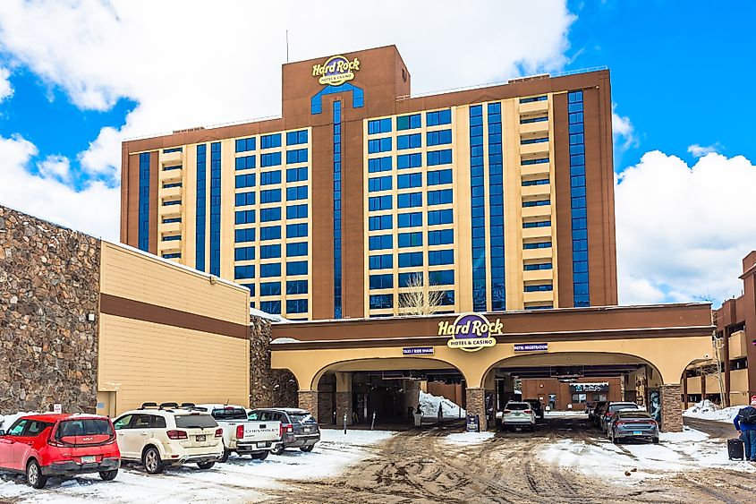 Hard Rock Hotel and Casino exterior in winter in Stateline, Nevada.