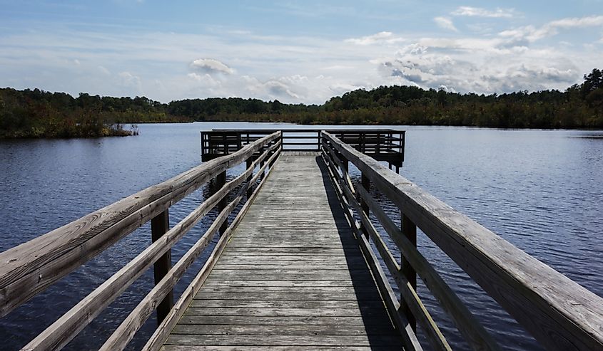 A wooden fishing dock over the water at Prime Hook National Wildlife Refuge in Milton, Delaware.