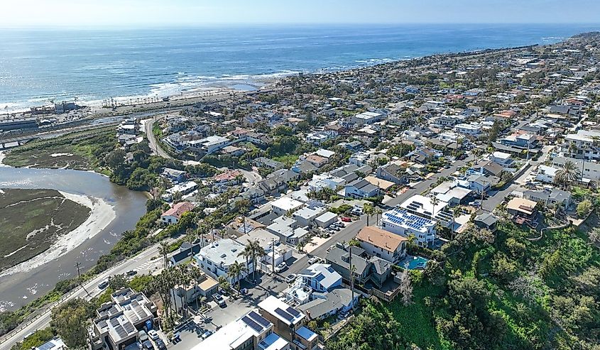 Aerial view of Wealthy Encinitas town in San Diego South California