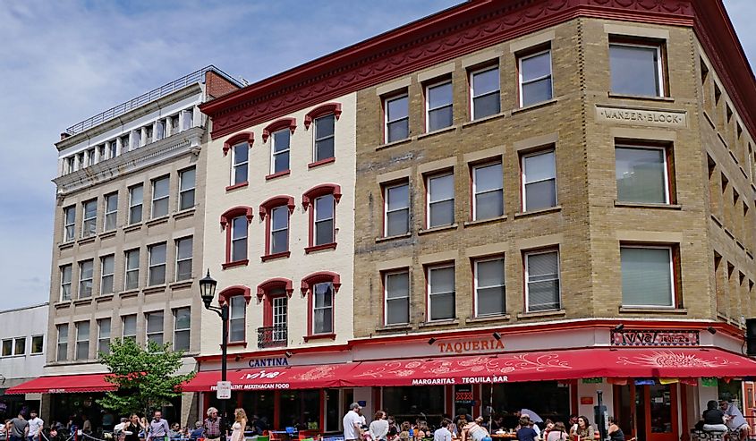 The lively downtown and shopping district in Ithaca, New York