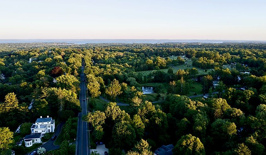aerial drone shot over by North Street in Greenwich, Connecticut, looking towards the Long Island Sound