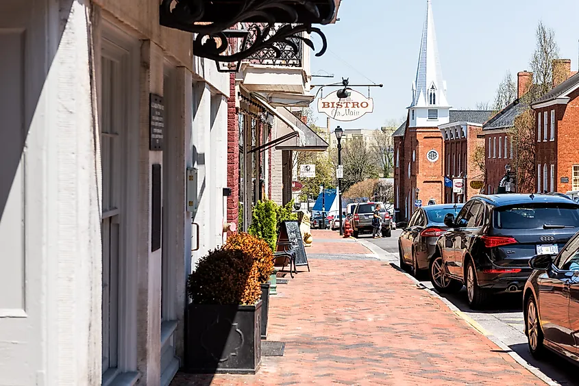 Historic downtown town city in Virginia countryside Shenandoah mountain village.