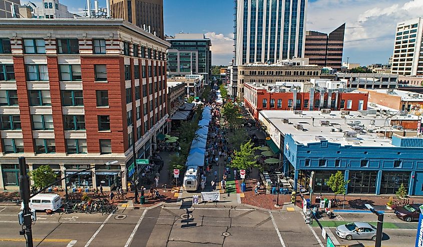 Drone aerial view of the Saturday market in downtown Boise, Idaho