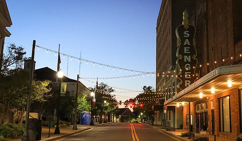 A historic theater with lights in the evening, Hattiesburg, Mississippi.