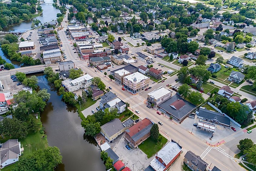 Aerial view of the downtown and historic district in Mayville, Wisconsin
