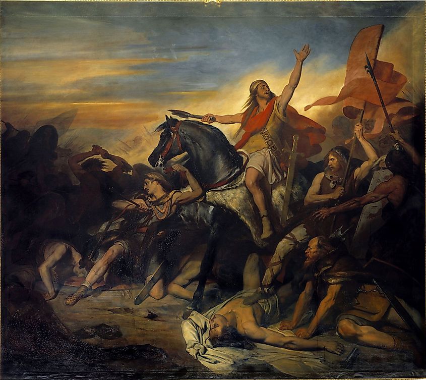 Clovis I leading the Franks to victory in the Battle of Tolbiac